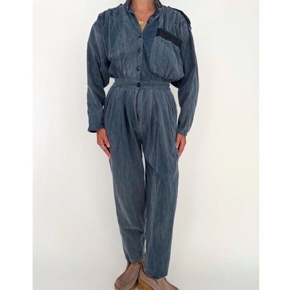 80s vintage blue chambray denim casual collared button up jumpsuit pantsuit - Picture 1 of 10